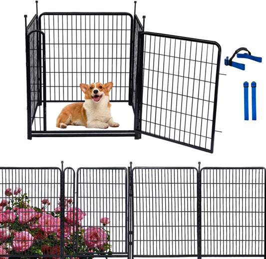Tall Garden Fences and Borders, 54 in(H) Dog Fences for The Yard, 4 Panels Total 8.9 Ft Long, Gate