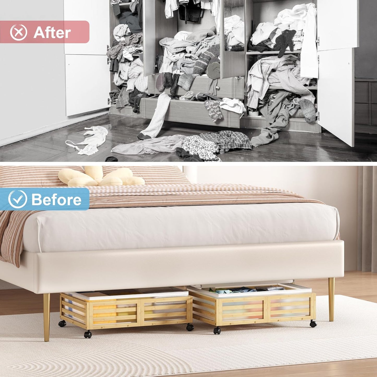 Under Bed Storage Containers With Wheels - 2 Pcs Bamboo Wood Rolling Underbed Shoe Storage Bins With Dust Bags for Clothes Blankets, Duvet Covers Snacks Toys (Natural)