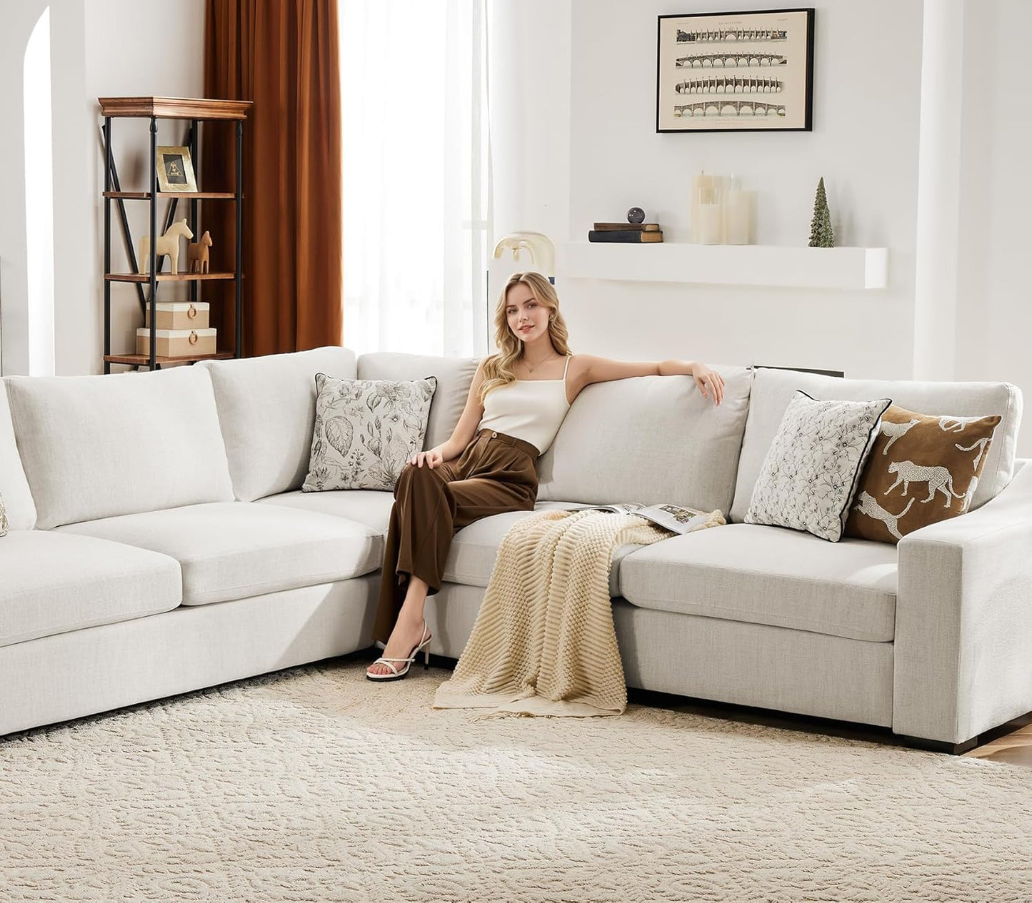 112" Modular Sectional Sofa, Large 7 Seater L Shaped Couch with Detachable Sofa Cover, Movable Ottoman, Deep Seat Corner Couch for Living Room, Apartment - Linen Fabric, Ivory