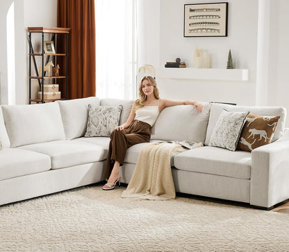 112" Modular Sectional Sofa, Large 7 Seater L Shaped Couch with Detachable Sofa Cover, Movable Ottoman, Deep Seat Corner Couch for Living Room, Apartment - Linen Fabric, Ivory