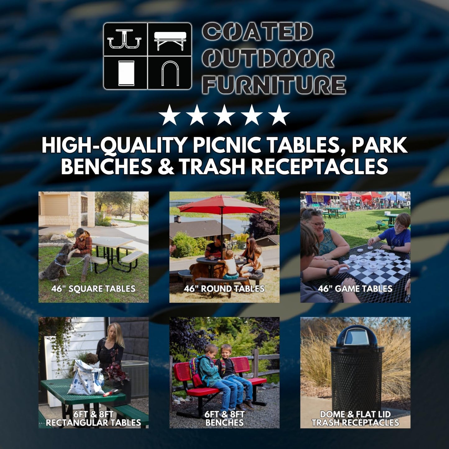 Heavy-Duty Portable Outdoor Picnic Table with Umbrella Hole, Punched Steel Patio Dining Furniture Made in America (46" Round Top, Textured Dark Blue)