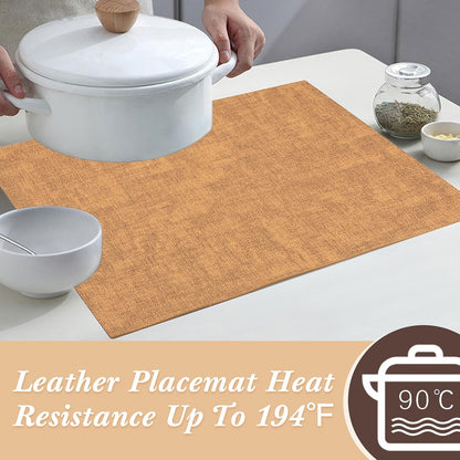 SUEH DESIGN Leather Placemats Set of 6 Reversible Table Mats Heat Resistant Waterproof No-Slip Place Mats for Dining Table Kitchen Parties, Camel and Beige