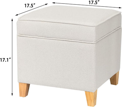 Adeco 17.5" Square Fabric Ottoman with Storage - Upholstered Cotton Linen Foot Rest - Flip Top Footstool with Sturdy Wood Legs, Small Cube Coffee Table Extra Seat for Living Room, Bedroom, White