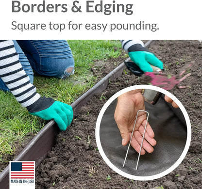 Pinnacle Mercantile USA Made 200 Pack Garden Landscape Staples Weed Barrier Fabric Stakes Galvanized 6 inch Pins Anti Rust Sod Staple 11 Gauge Steel