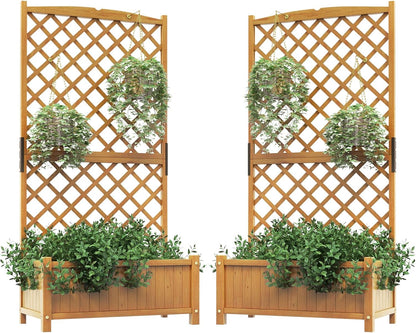 HAPPYGRILL 2 Pcs Raised Garden Bed, 71" Garden Planter with Trellis, Drainage Holes, Freestanding Garden Planter for Vine Climbing Plants, Wooden Planter Box for Yard Balcony (Yellow)