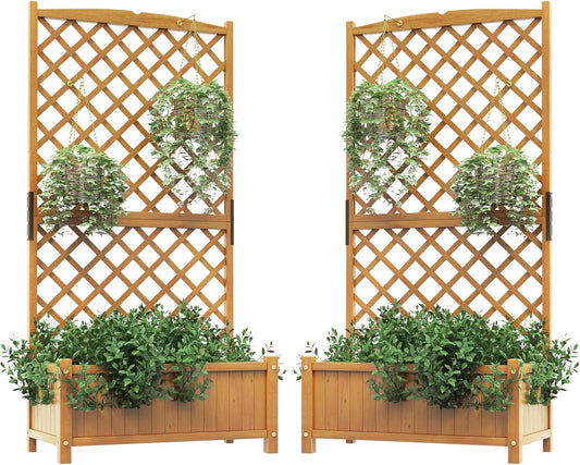 HAPPYGRILL 2 Pcs Raised Garden Bed, 71" Garden Planter with Trellis, Drainage Holes, Freestanding Garden Planter for Vine Climbing Plants, Wooden Planter Box for Yard Balcony (Yellow)