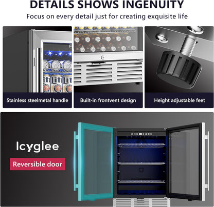 24 Inch Beverage Refrigerator, Beverage Cooler 180 Can Built-in Design, Under Counter Beer Fridge with Glass Door for Soda, Wine, Water - For Kitchen, Office or Bar