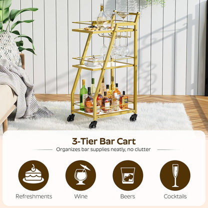Bar Cart, 3-Tier Bar Cart for The Home, Home Bar Serving Cart with Glass Holders, Beverage Cart for Kitchen, Dining, Party Room, Gold BC03GD