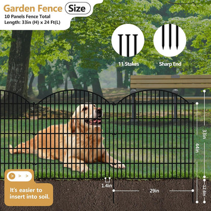 10 Panels No Dig Decorative Outdoor Garden Fence for Yard, 33in (H) x 24ft (L) Animal Barrier Fencing Rustproof Metal Panel Border for Dog, Rabbits Patio Camping Temporary Ground Stakes