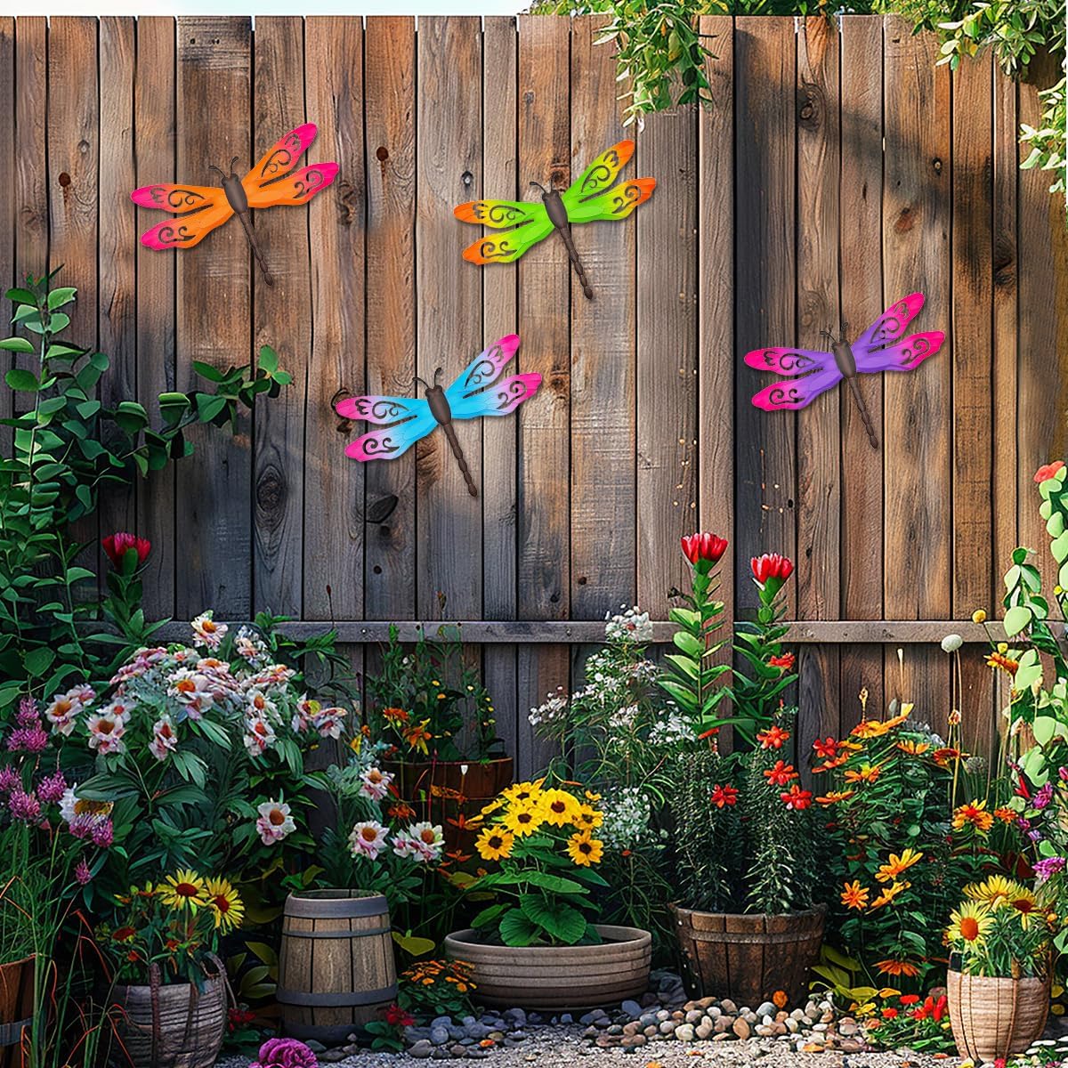 Metal Dragonfly Wall Decor, 4 Pack 14inch Metal Dragonfly Wall Hanging Sculpture Decor for Outdoor, Yard Patio Fence Garden Outside Decorations