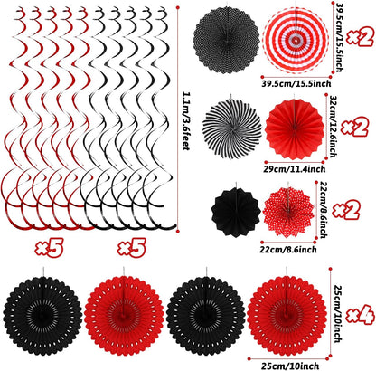 Black Red Party Decorations, Easy Assembly Paper Fan Honeycomb Ball Garland Hanging Swirl Graduation Party Supplies for Boy Girl Women Birthday Congrats Grad Party Decorations