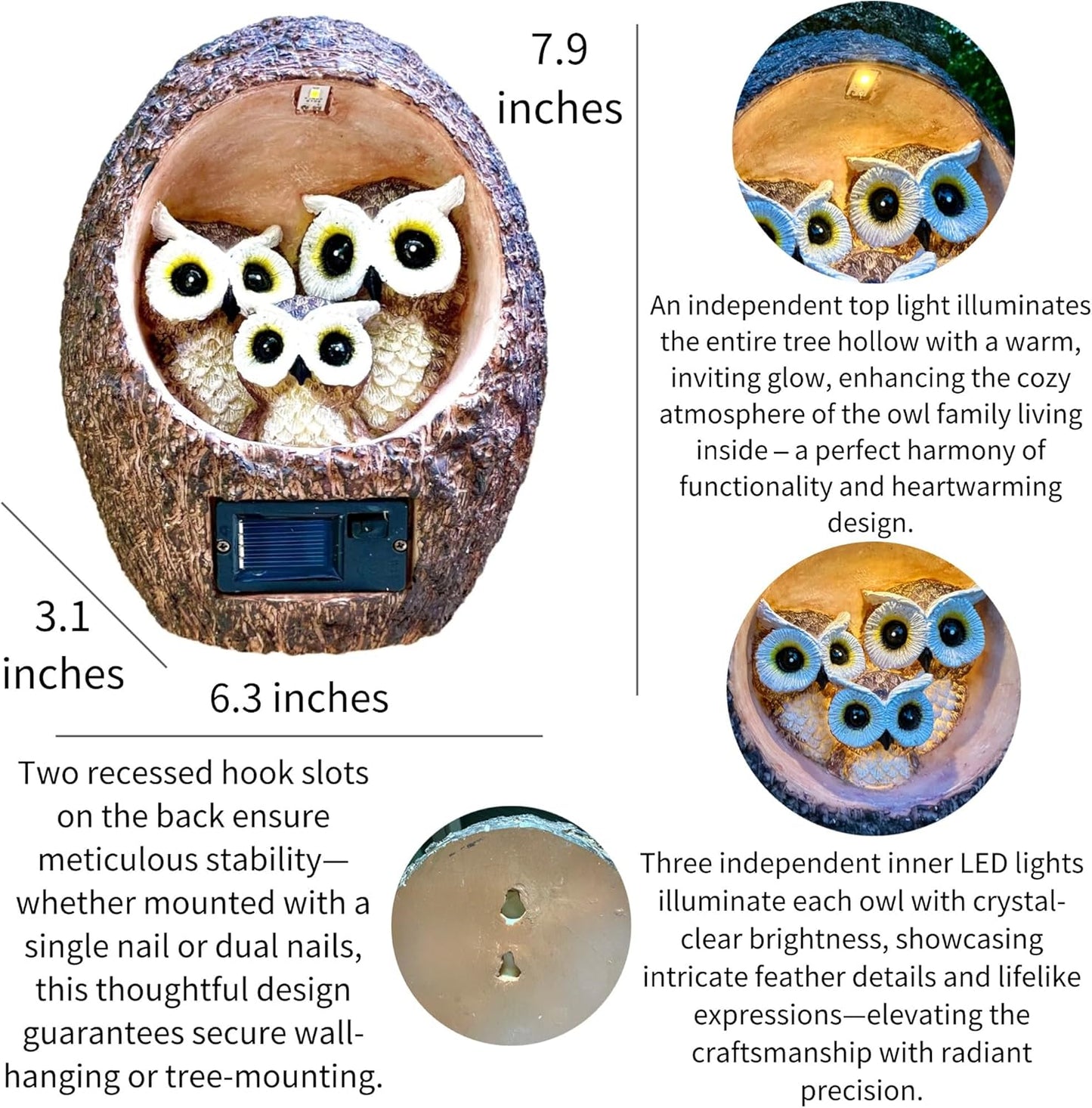 Garden Owl Family Tree Hugger Statue Solar Powered Outdoor Wall Mounted Figurine Light Resin Sculpture Home Decoration Housewarming Ornament Unique Gift