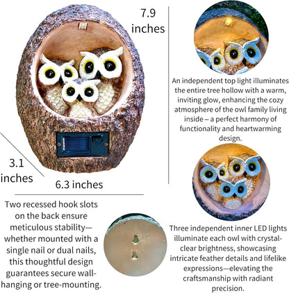 Garden Owl Family Tree Hugger Statue Solar Powered Outdoor Wall Mounted Figurine Light Resin Sculpture Home Decoration Housewarming Ornament Unique Gift