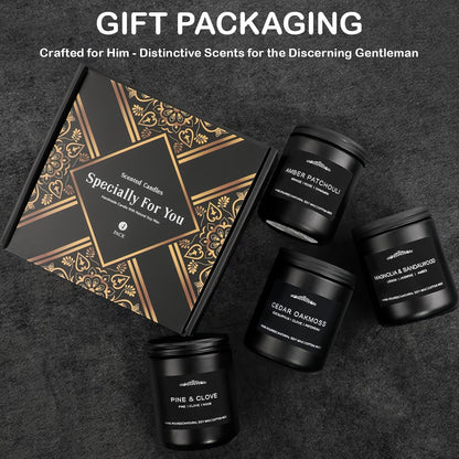 Scented Candle Set for Men, 4 Pack Black Jar Candles with Manly Scents ??Amber Patchouli, Magnolia Sandalwood, Cedar Oakmoss, Pine Clove, Soy Wax Aromatherapy Gift for Him, Dad, Husband, Father's Day