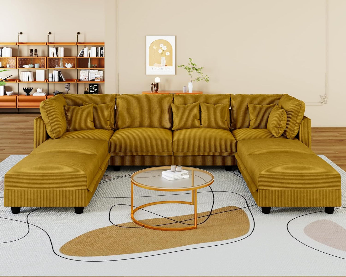 LLappuil Modular Sectional Sofa with Storage Seats, Corduroy Convertible Modular U Shaped Sectional Couch for Living Room, 8 Seat Oversized Sofa with 6 Back Cushion 6 Throw Pillow, Yellow