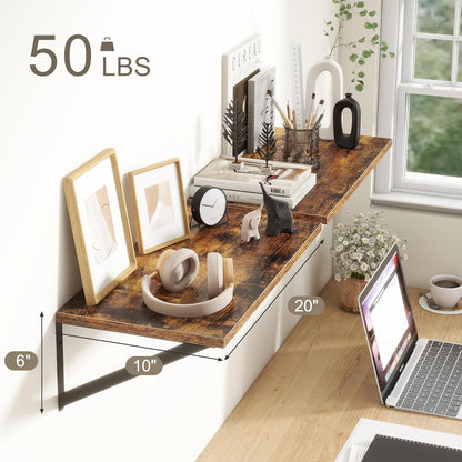 Fun Memories 20 Inch Floating Shelves, Deep Wall Shelves for Kitchen, 20 x 10 Floating Shelf for Living Room, Bedroom, Farmhouse Floating Shelves for Home Decor Storage, Rustic Brown, Set of 2