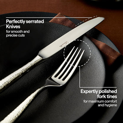Luciella Ponza Flatware Set for 8, 45-Piece Stainless Steel Silverware Set with Serving Utensils, Timeless Hammered Design, Rust-Resistant, Mirror Polished & Dishwasher Safe