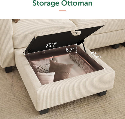 HONBAY Corduroy Modular Sectional Couch with Storage L-Shaped Sectional Couches for Living Room 6 Seater Modular Sectional Sofa, Beige