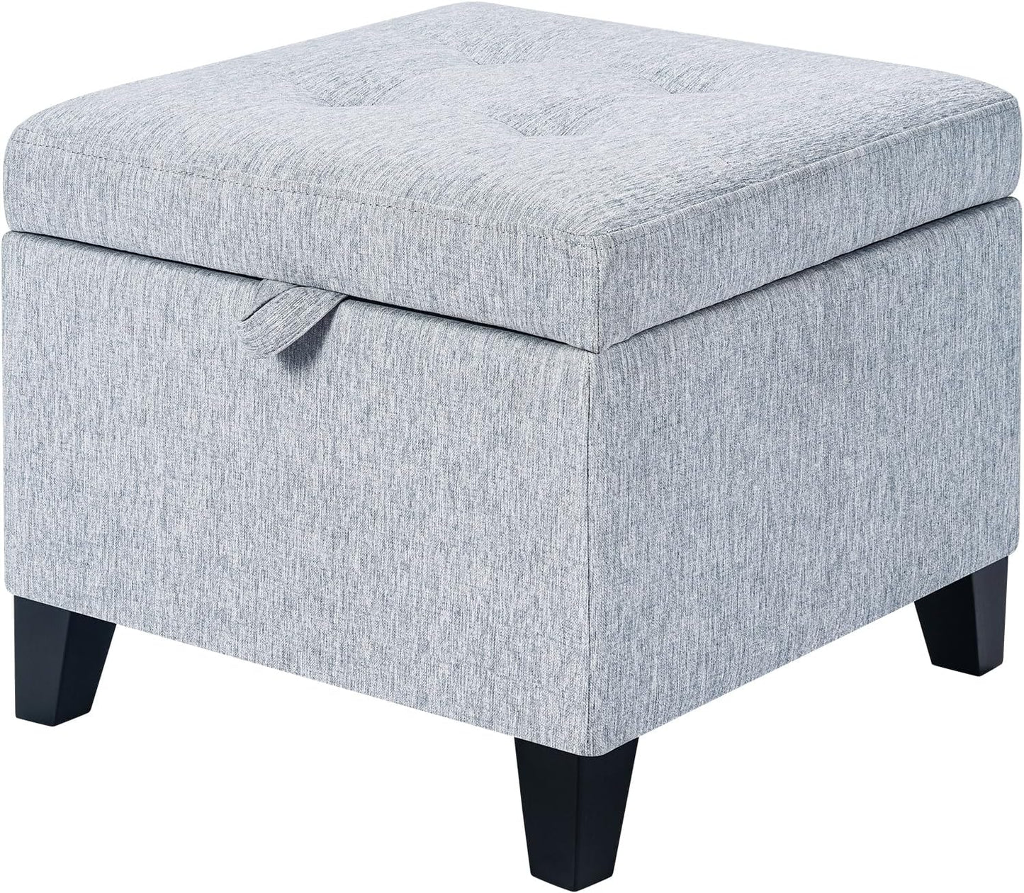 Adeco 18 Inch High Cube Ottoman Storage, Linen Chair Foot Stools, Upholstered Vanity Stool with Hinged Lid, Solid Wood Legs