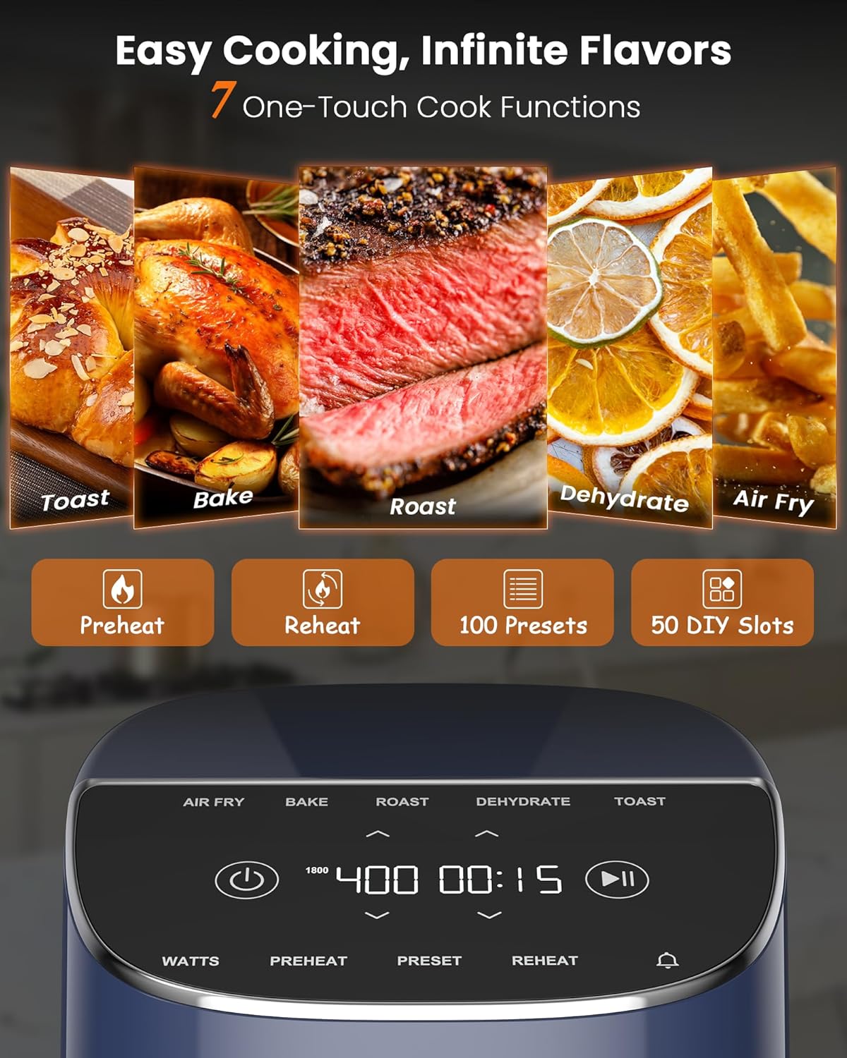 Nuwave Brio Plus Air Fryer 8 Qt, New & Improved, PFAS-FREE, 7 Digital One-Touch Cook Functions that AIR FRY, BAKE, ROAST, DEHYDRATE, TOAST, REHEAT, PREHEAT, 150 Presets, 50°F~400°F (Deep Blue)
