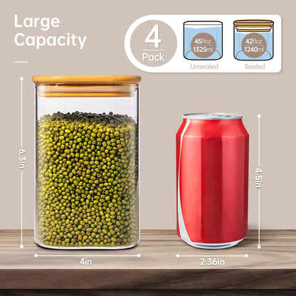 42oz - 4 Pack Square Glass Jars with Bamboo Lids, Glass Food Storage Containers with Airtight Lids for Kitchen, Air Tight Pantry Storage Containers for Cereal, Pasta, Rice, Sugar, Coffee, Spice