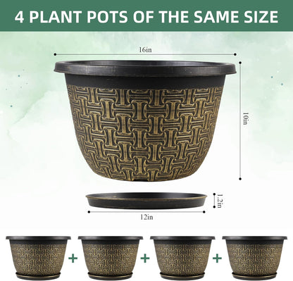 4 Pack 16 Inch Planter,Large Plastic Flower Pots Outdoor Indoor with Drainage Holes & Trays, Retro Antique Imitation Decorative Garden Plant Pots Outdoor for Houseplants