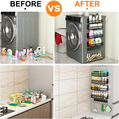 Magnetic Spice Rack for Refrigerator, 5 Pack Magnetic Shelf, Moveable Magnetic Fridge Organizer with 8-Hook Rack, Seasoning Organizer for Kitchen Organization and Storage (5 Pack)