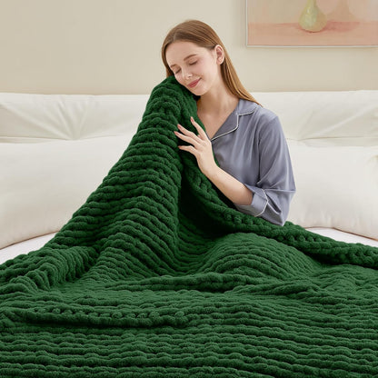 Chunky Knit Throw Blanket, 60''*80'' Knitted Throw Chenille Yarn for Bed Couch, Handmade Grass Green Crochet Big Thick Blanket, Machine Washable Cute Comfy Blanket for Home Decor