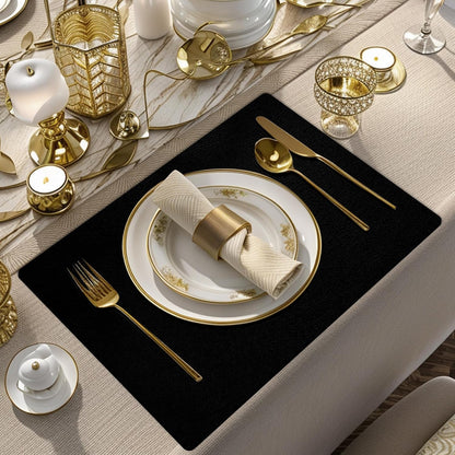 Faux Leather Placemats and Coasters Set of 6, Waterproof, Oil-Proof Wipeable, PVC Leather Place Mats, Anti Slip Heat Resistant Reversible Table Mats for Kitchen, Dining, Outdoor 17’’×12’’, (Black)