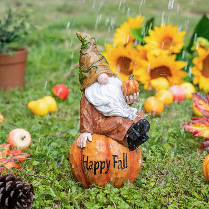 Topadorn Fall Garden Gnome Figurine Sitting on Pumpkin Statue Autumn Harvest Garden Gnomes Statue Figurine for Patio Yard Lawn Porch Decoration, Happy Fall