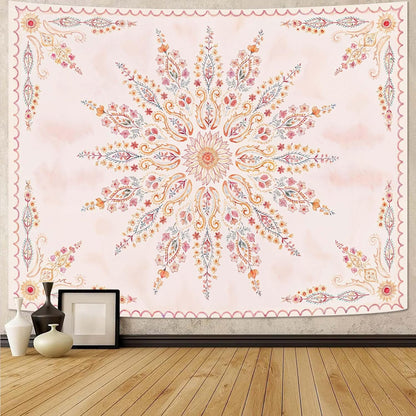 Fowocu Boho Floral Mandala Tapestry for Bedroom Aesthetic Pink Bohemian Flower Wall Tapestry Watercolor Hippie Indian Extra Large Tapestries Wall Hanging for Living Room Dorm Decor 90 x 68 Inch