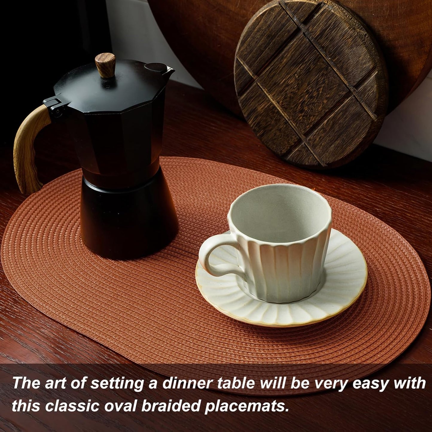 AHHFSMEI Placemats Set of 6 for Dining Table Washable Woven Vinyl Non-Slip 18x12 inches Placemat Heat-Resistant Durable Table Mats for Dining Table Easy to Clean (Burnt Orange 6)