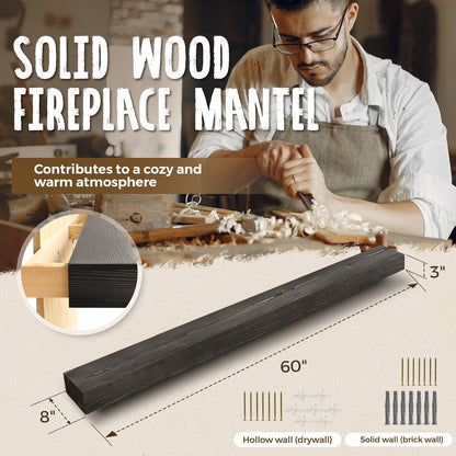 60x8x3 Fireplace Mantel - Handcrafted Hollow Rustic Solid Wood Wall Mounted Floating Shelf with Invisible Heavy Duty Wood Bracket (Weathered Black)