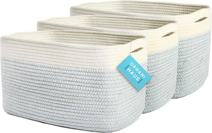OrganiHaus Set of 3 Woven Storage Baskets for Organizing, Cotton Rope Organizer Bins for Shelves, Closet & Nursery, Dog Toy Basket, Decorative Bins for Toys, Towels & Books - 15x10x9, Blue/Off-White