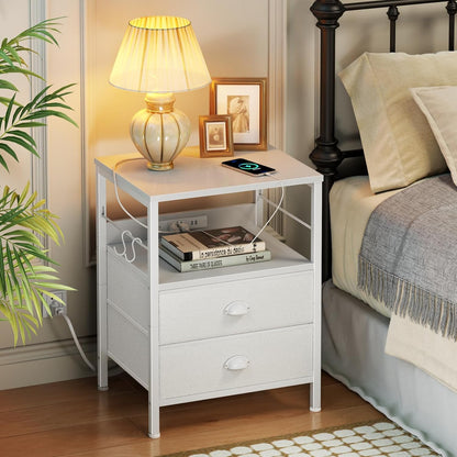 Furologee Night Stand with Charging Station, Bedside Table with Fabric Drawers, End Table with USB Ports & Outlets, White Nightstand with Storage Shelf & Hooks, for Living Room/Bedroom, White