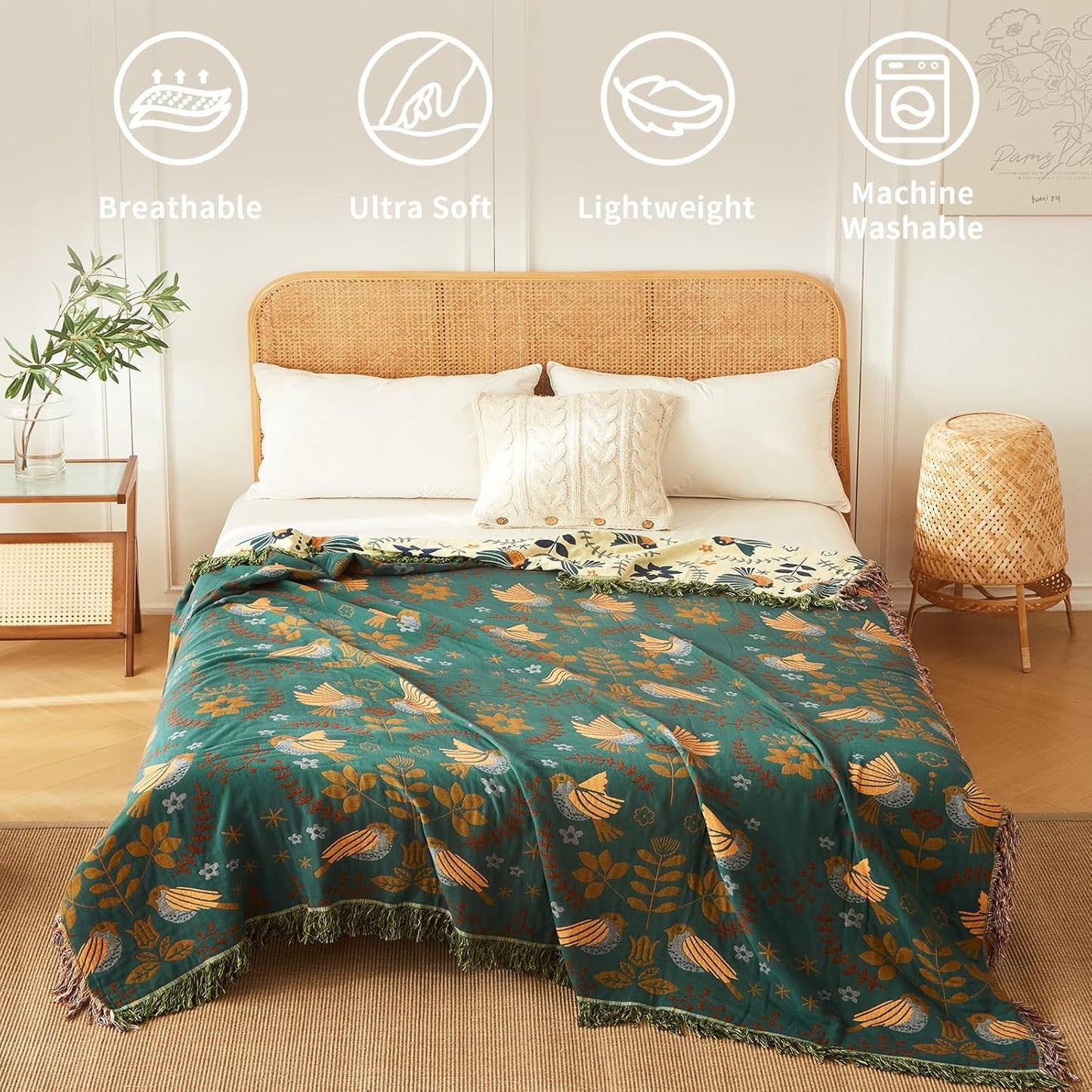 Woven Throw Blanket Cotton Cozy and Soft King Size Blanket Two Side Available Large Bed Blankets All Season Blanket for Couch Bedding (90"x98",01-Cute Bird)