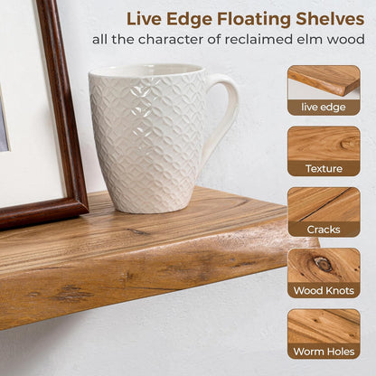 Axeman 24 inch Floating Shelves for Wall - 8'' D Live Edge Rustic Solid Elm Wood Floating Shelves Wall Mounted, Wall Shelves with Invisible Bracket for Living Room Bedroom Kitchen, Set of 2 Natural