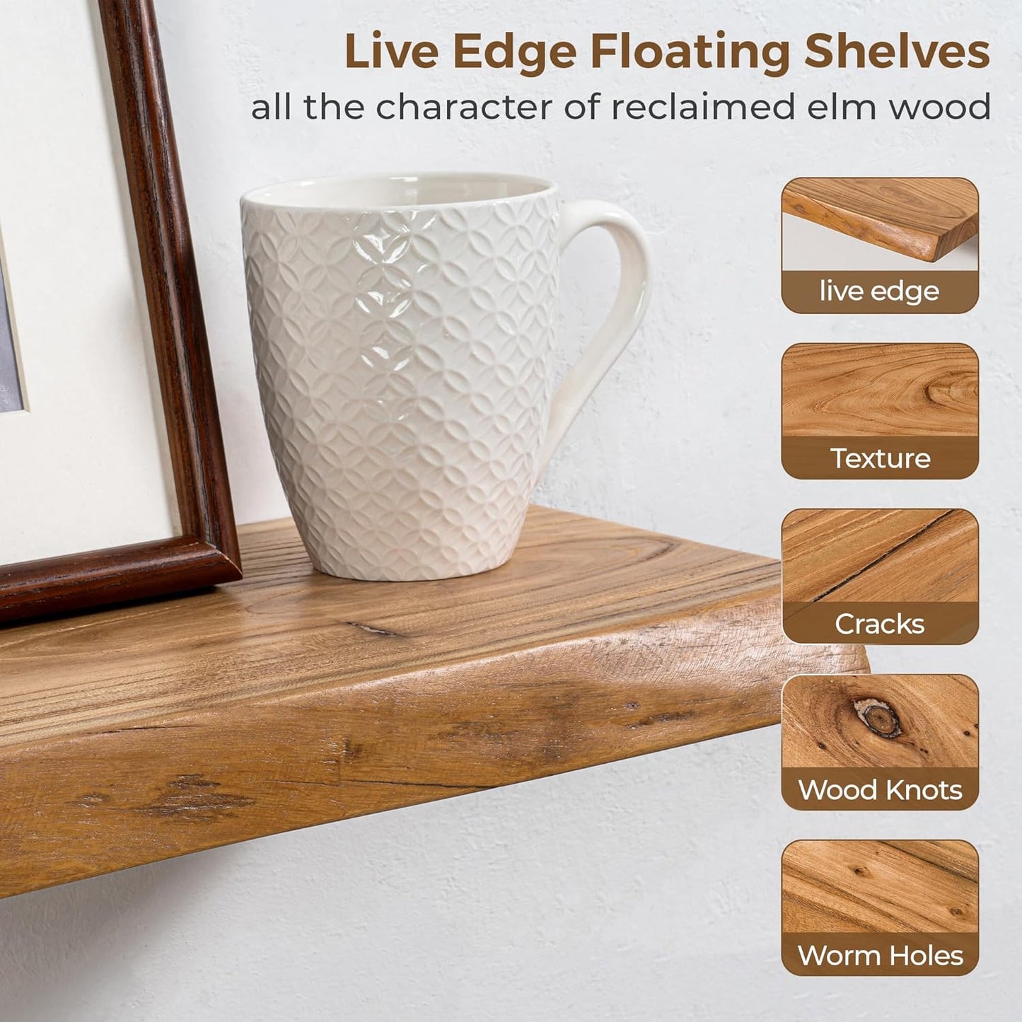 Axeman 36 inch Floating Shelves for Wall - 8'' D Live Edge Rustic Solid Elm Wood Floating Shelves Wall Mounted, Wall Shelves with Invisible Bracket for Living Room Bedroom Kitchen, Set of 2 Natural