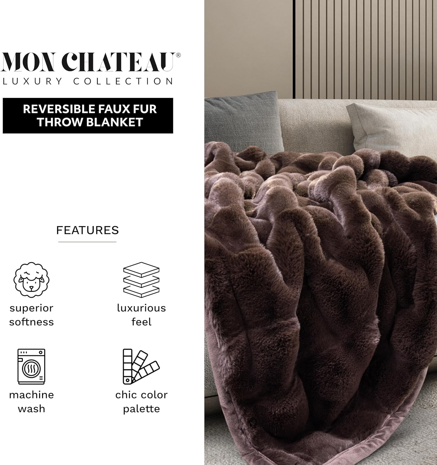 Mon Chateau Premium Reversible Luxury Faux Fur Throw for Couch, Sofa, or Bed - Plush Cozy Soft Blanket for Sleeping or Home Décor, 60" x 70" (Brown)