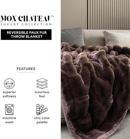 Mon Chateau Premium Reversible Luxury Faux Fur Throw for Couch, Sofa, or Bed - Plush Cozy Soft Blanket for Sleeping or Home Décor, 60" x 70" (Brown)