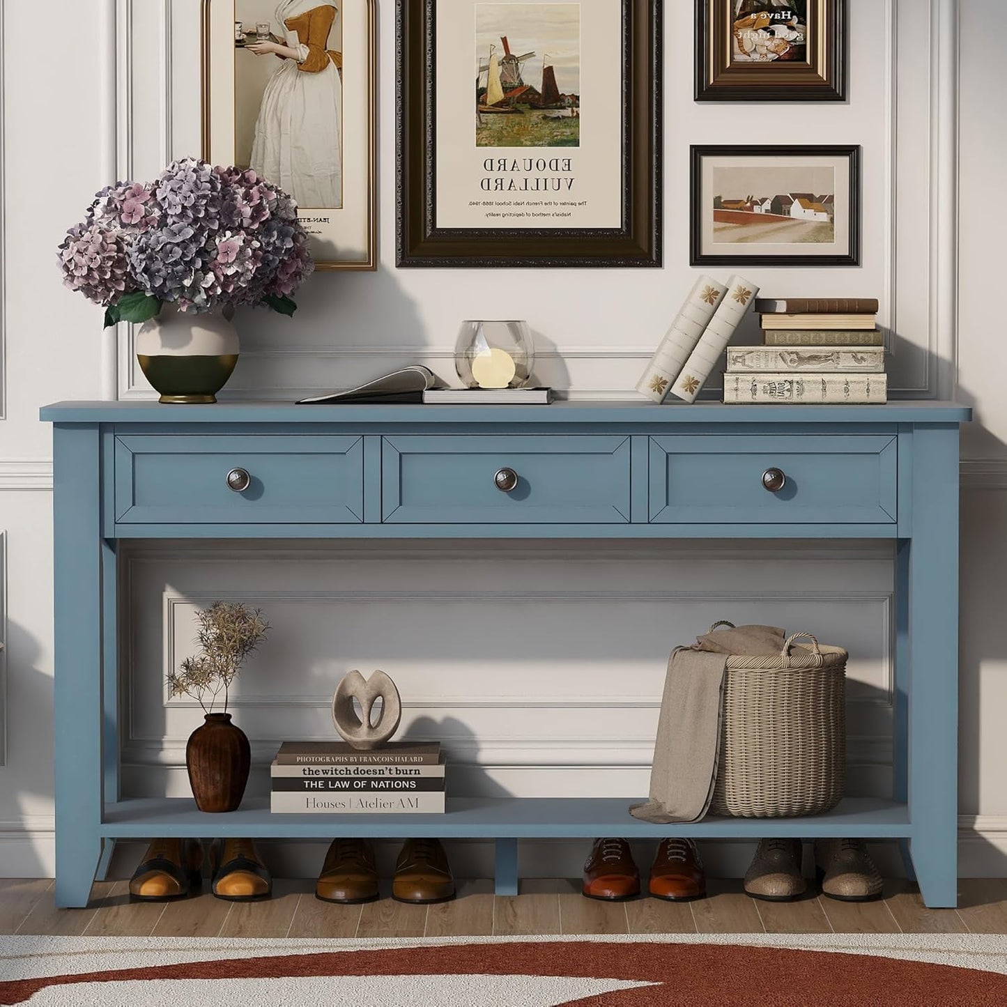 Farmhouse Modern Entryway Console Table 55.4'' Long Entry Sofa Table with Drawers & Storage Shelf for Living Room Hallway, Blue
