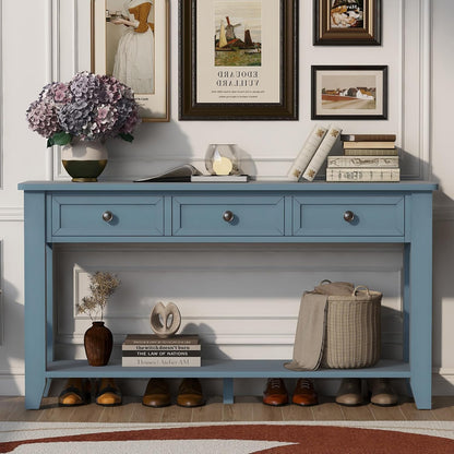 Farmhouse Modern Entryway Console Table 55.4'' Long Entry Sofa Table with Drawers & Storage Shelf for Living Room Hallway, Blue