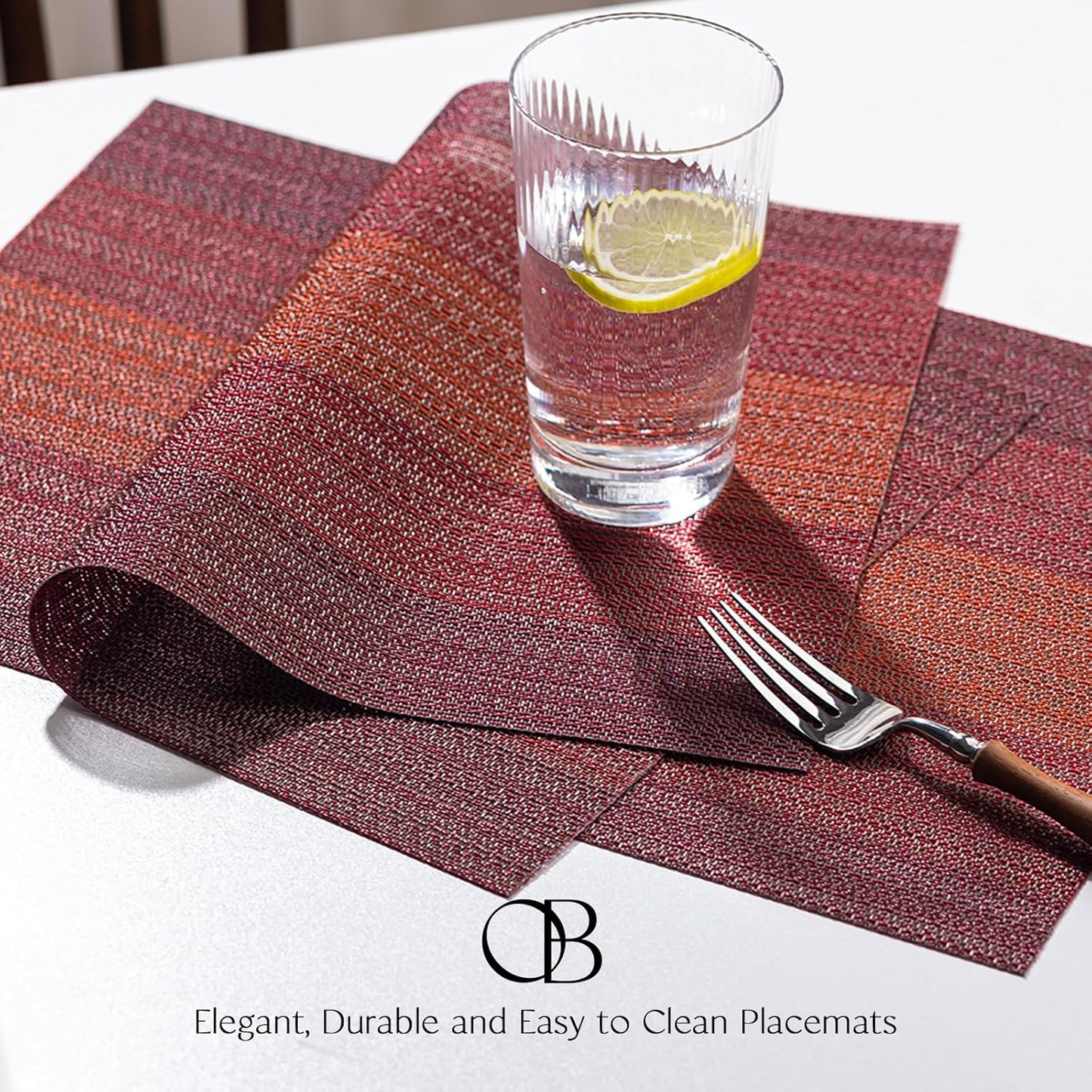 Placemats Set of 12 - Easy Clean Woven Vinyl Placemats for Dining Table, Indoor/Outdoor Place Mats, Washable PVC Table Mats（Pomegranate Parade）