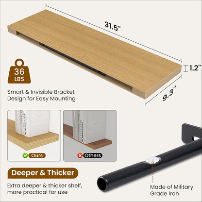 Fun Memories Floating Shelves for Wall, 32 Inch Rustic Wood Wall Mounted Shelves for Bathroom, Bedroom, Kitchen, Living Room, Deep Floating Shelves for Storage & Home Decor (Oak, Set of 2)