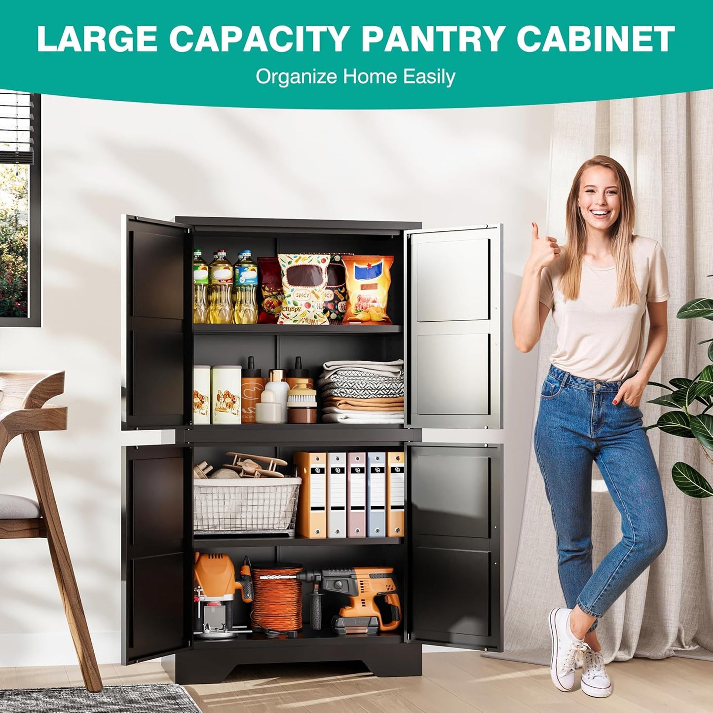 SISESOL Black Storage Cabinet with 4 Doors and 2 Adjustable Shelves,Farmhouse Food Pantry Cabinets,Small Bathroom Cabinet,4 Tier Metal Storage Cabinets for Home Kitchen,Dining/Living/Laundry/Room