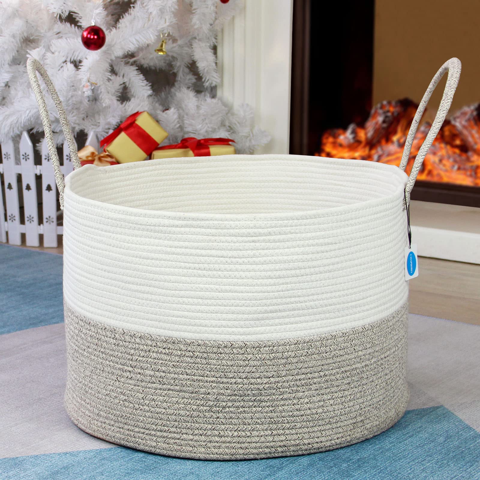 Casaphoria XXXLarge Cotton Rope Basket for Living Room - Woven Storage Basket with long Handle for