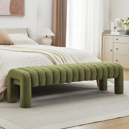 63" Bedroom Bench, Upholstered Entryway Bench, Modern End of Bed Ottoman with Solid Wood Legs and Adjustable Foot Pegs for Entryway, Dining Room and Living Room, 440lbs (Green Boucle)