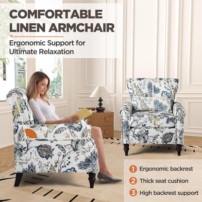 Wingback Accent Chair with Removable Pillow, High Back Floral Armchair with Solid Wood Legs & Nailhead Trim, Comfy Upholstered Reading Single Sofa Chair for Bedroom (2, Blue Floral Pattern)