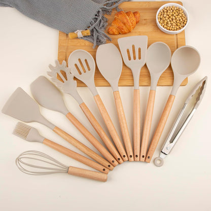Silicone Cooking Utensils Set, Premium Beech Wood Handle Kitchen Gadgets Utensil Set, Non-Stick Kitchen Utensils Spatula, Tongs, Turner, Whisk, Brush, Spoon, BPA FREE, 446°F Resistant (Khaki)