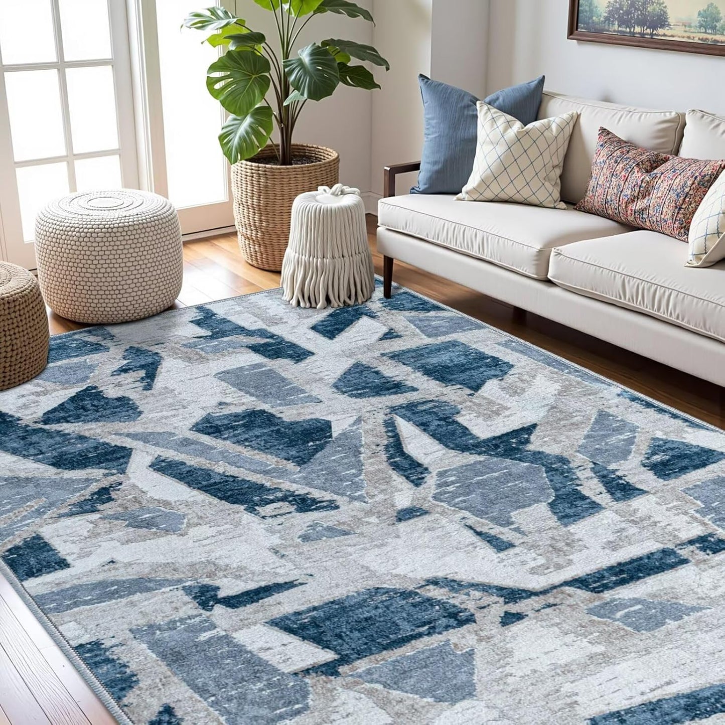 Modern Abstract Blue 5X7 Area Rug for Living Room Bedroom Washable, with Non-Slip Rubber Backing Print Faux Wool Thin, Throw Large Carpet for Kids Playroom Dining Room Pet & Child Friendly